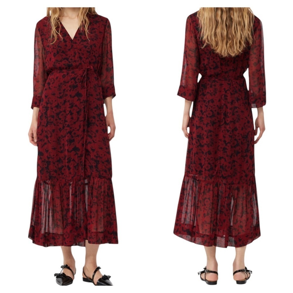 Ganni Georgette Floral Wrap Midi Dress Red Black Size 36 US 4 NWT